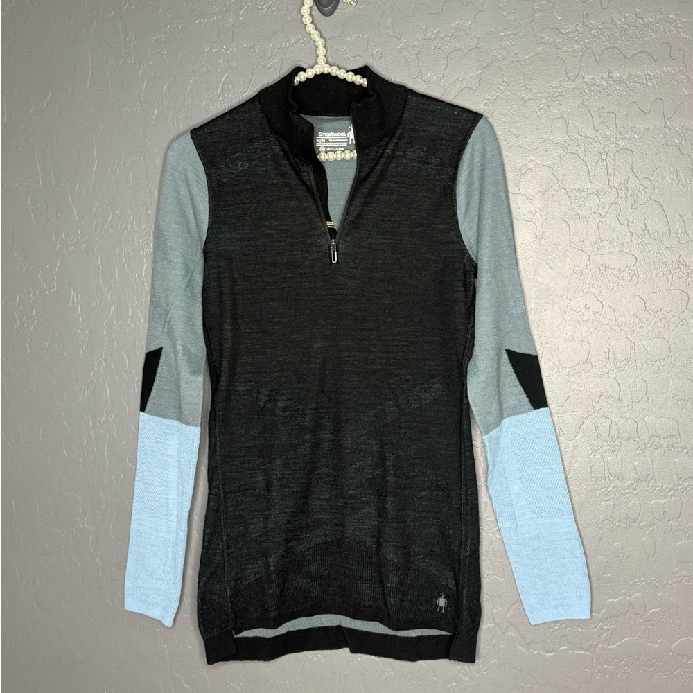 Smartwool Black and Light Blue Quarter-Zip Sweater
